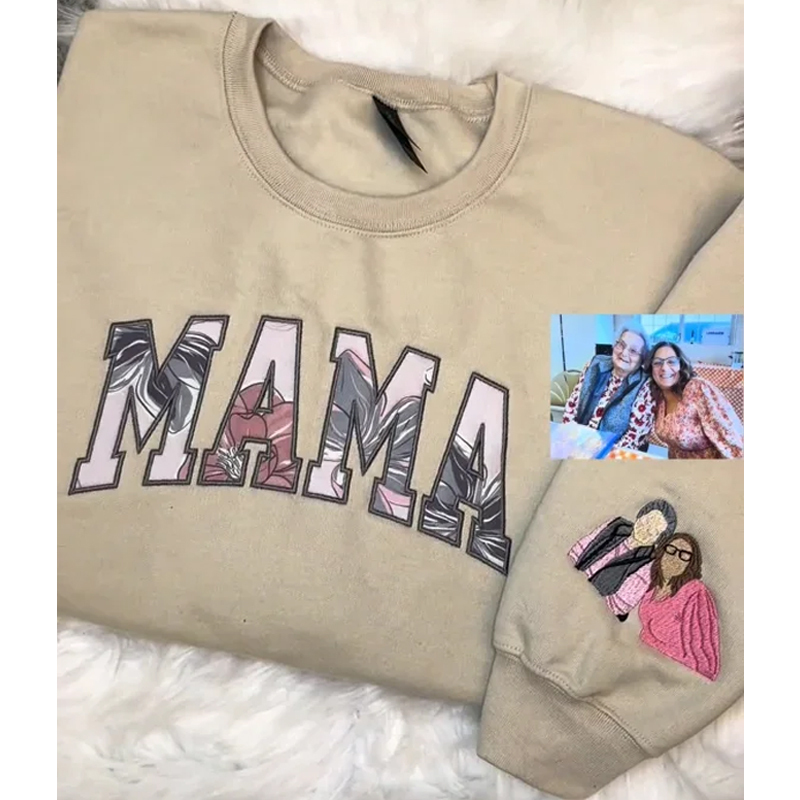 Custom Embroidered Mama Sweatshirt , Features Floral Chest Design & Personalised Kids Portrait on Sleeve, Unique Mother's Day Gift