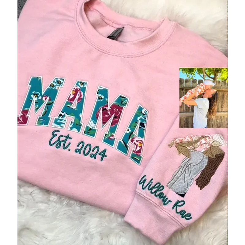 Custom Embroidered Mama Sweatshirt , Features Floral Chest Design & Personalised Kids Portrait on Sleeve, Unique Mother's Day Gift