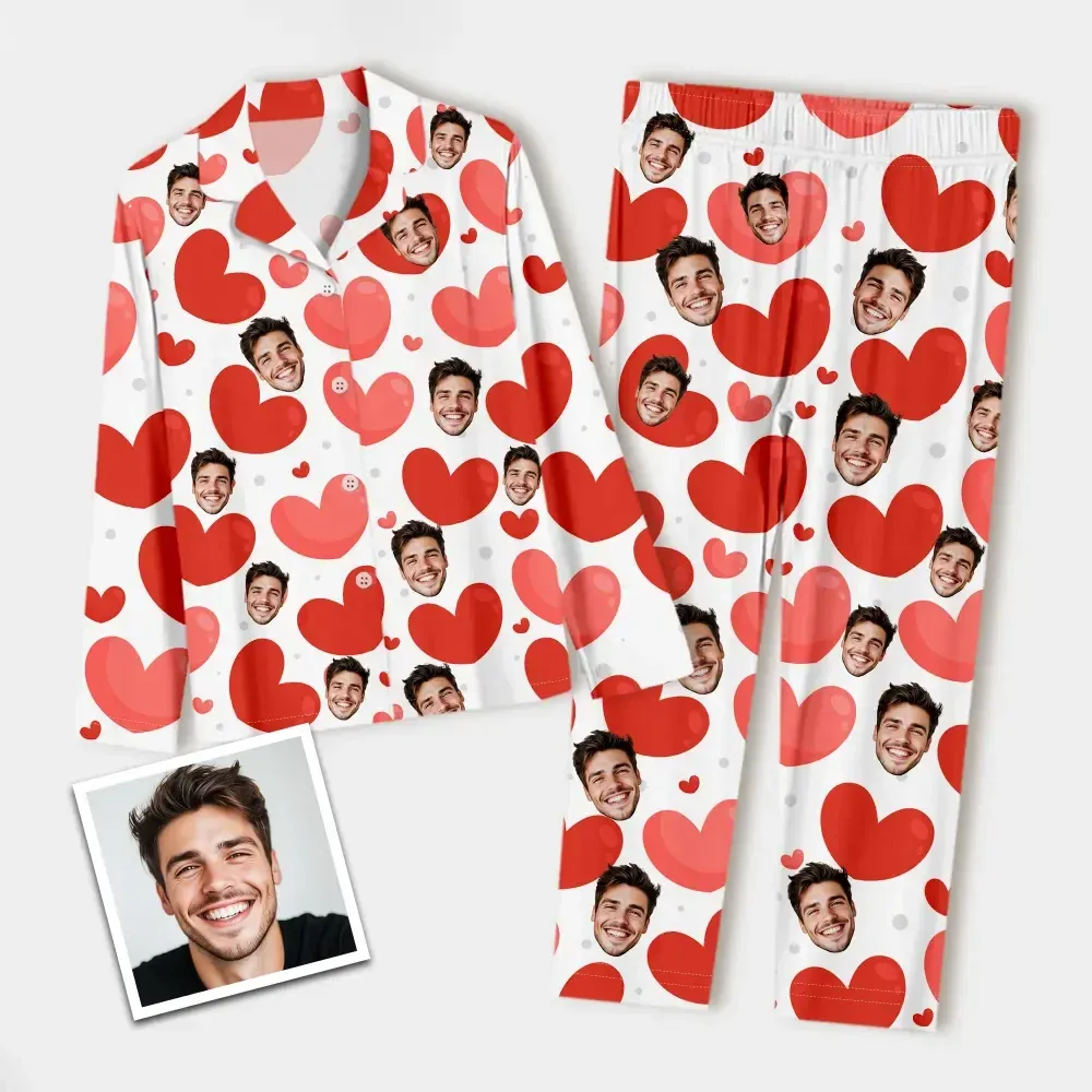 Custom Face Long Sleeve Pajamas Red Heart Couple Pajamas - MyfaceboxerUK