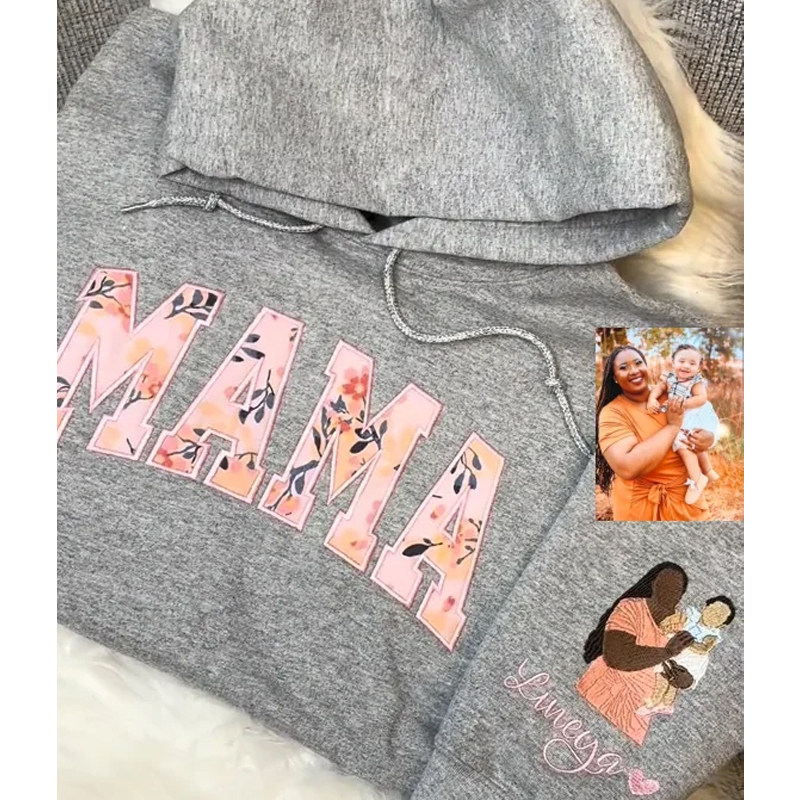 Custom Embroidered Mama Sweatshirt , Features Floral Chest Design & Personalised Kids Portrait on Sleeve, Unique Mother's Day Gift