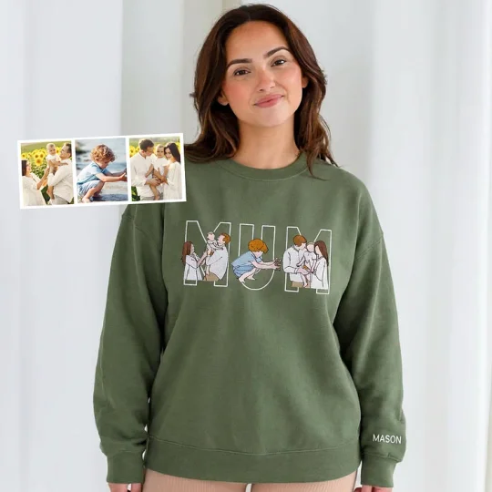 Custom Family Portrait Embroidered Sweatshirt – A Special Gift for Mum and Mama Featuring Kids' Names on Sleeves