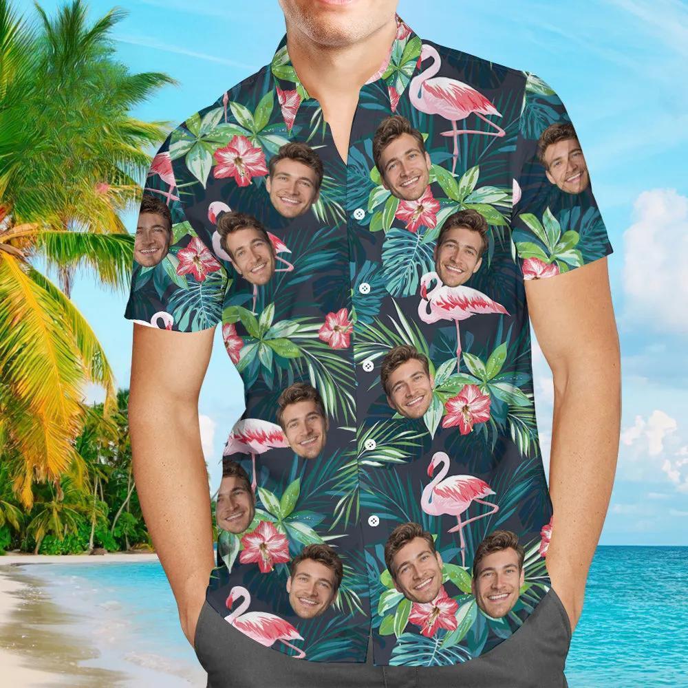 Custom Photo Shirt Men's All Over Print Hawaiian Shirt Leaves and Flamingo - MyFaceBoxerUK