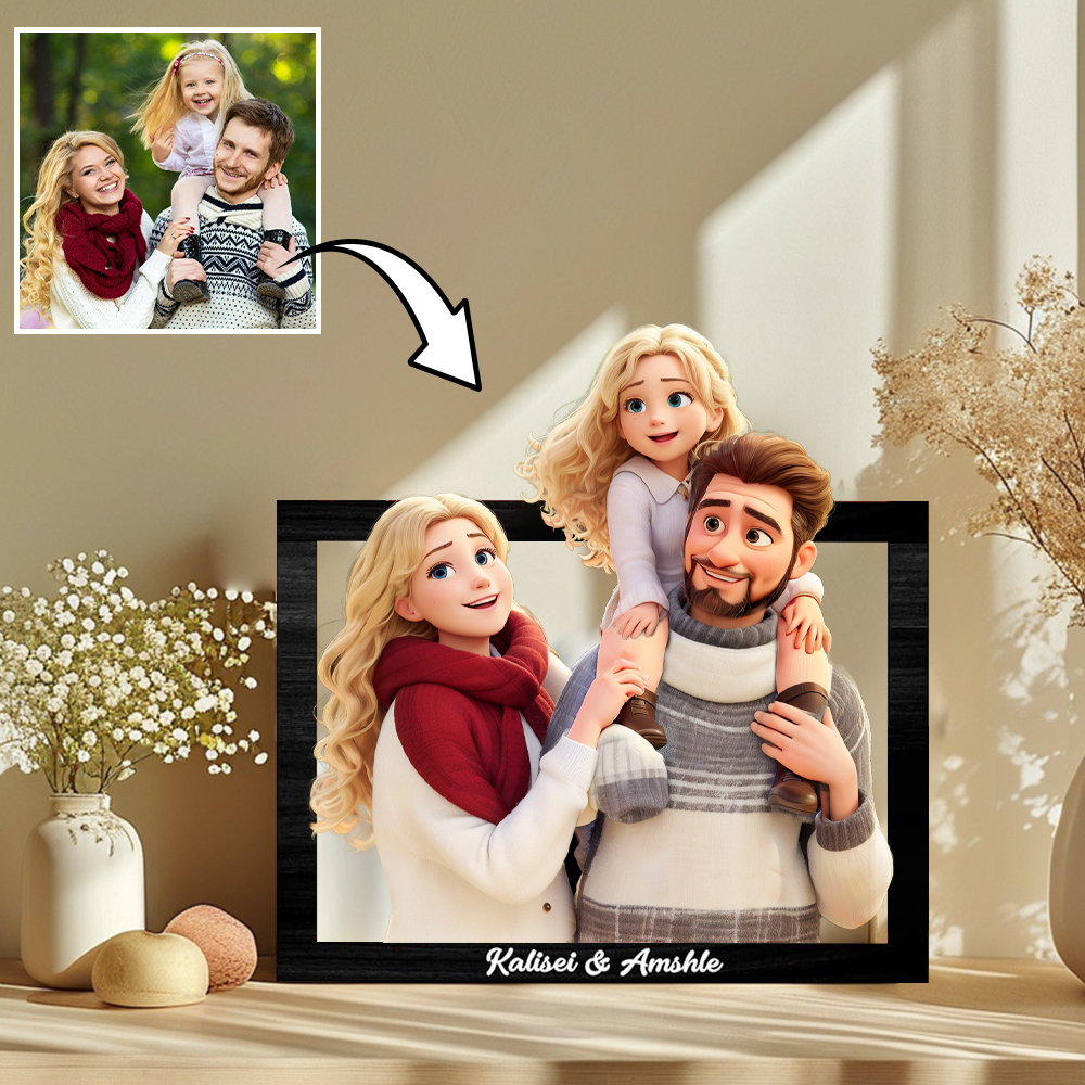 Custom Photo 3D Cartoon Portrait Gift Personalized Cartoon Style 3D Photo Wooden Frame Sign Comic Photo Frame For Family - MyFaceBoxer