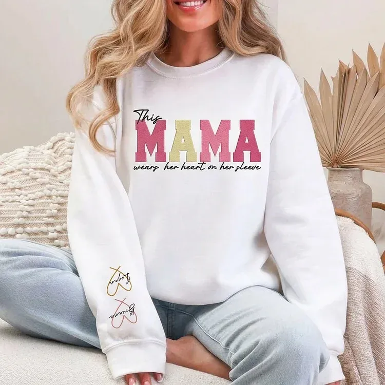 Embroidered Custom Mum Wears Her Heart On Her Sleeve T-Shirts, Sweatshirts, Hoodies