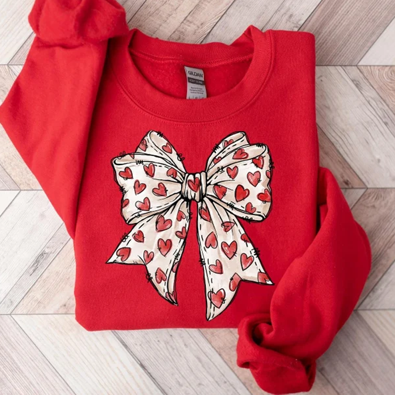 Coquette Valentine's Day Heart Bow Sweatshirt, Retro Valentine Shirt, Valentines day Bow Shirt, Coquette Bow T Shirt, Bow Valentine Gifts