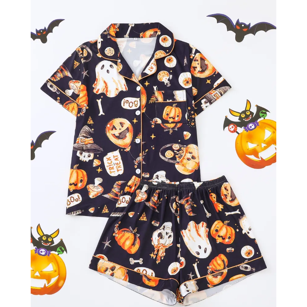 Women’s Halloween Print Pajama Set – Short Sleeve Button-Down Top and Shorts Lounge Wear