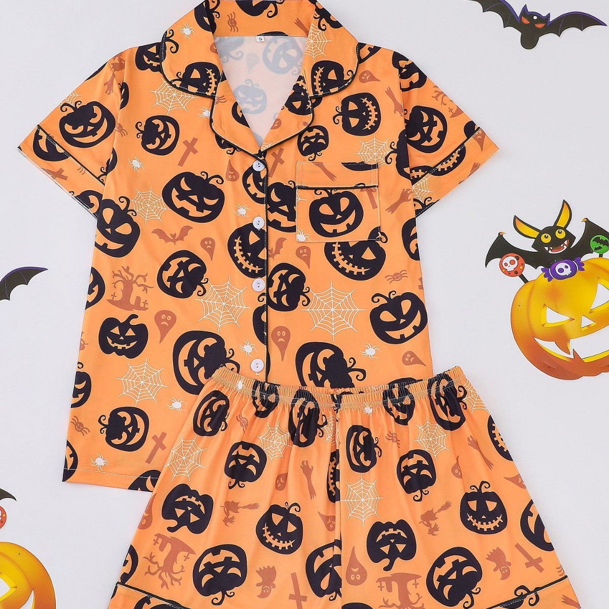 Women’s Halloween Print Pajama Set – Short Sleeve Button-Down Top and Shorts Lounge Wear