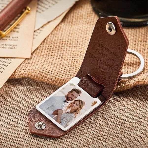 Custom Leather Photo Text Keychain Father's Day Gift - MyFaceBoxer