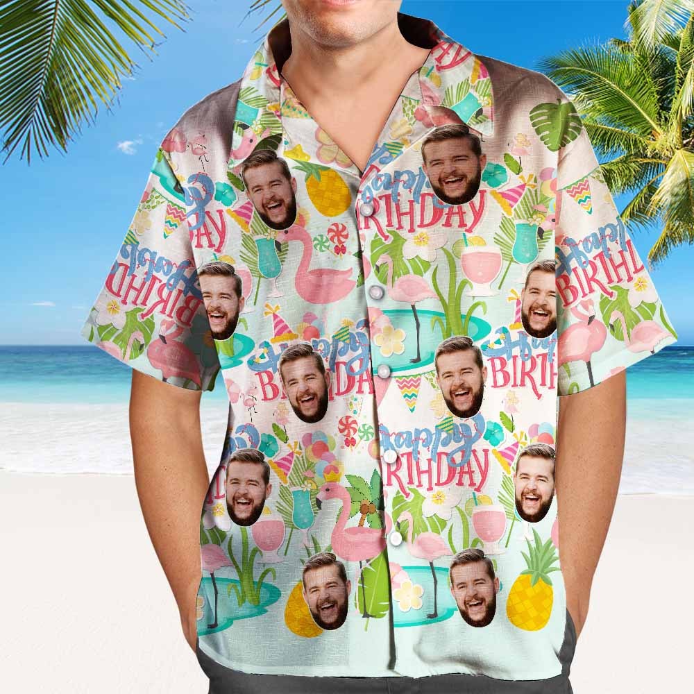 Custom Face Hawaiian Shirt Flamingo Party Personalized Happy Birthday Shirt a Fun Gift for Your Friend - MyFaceBoxer