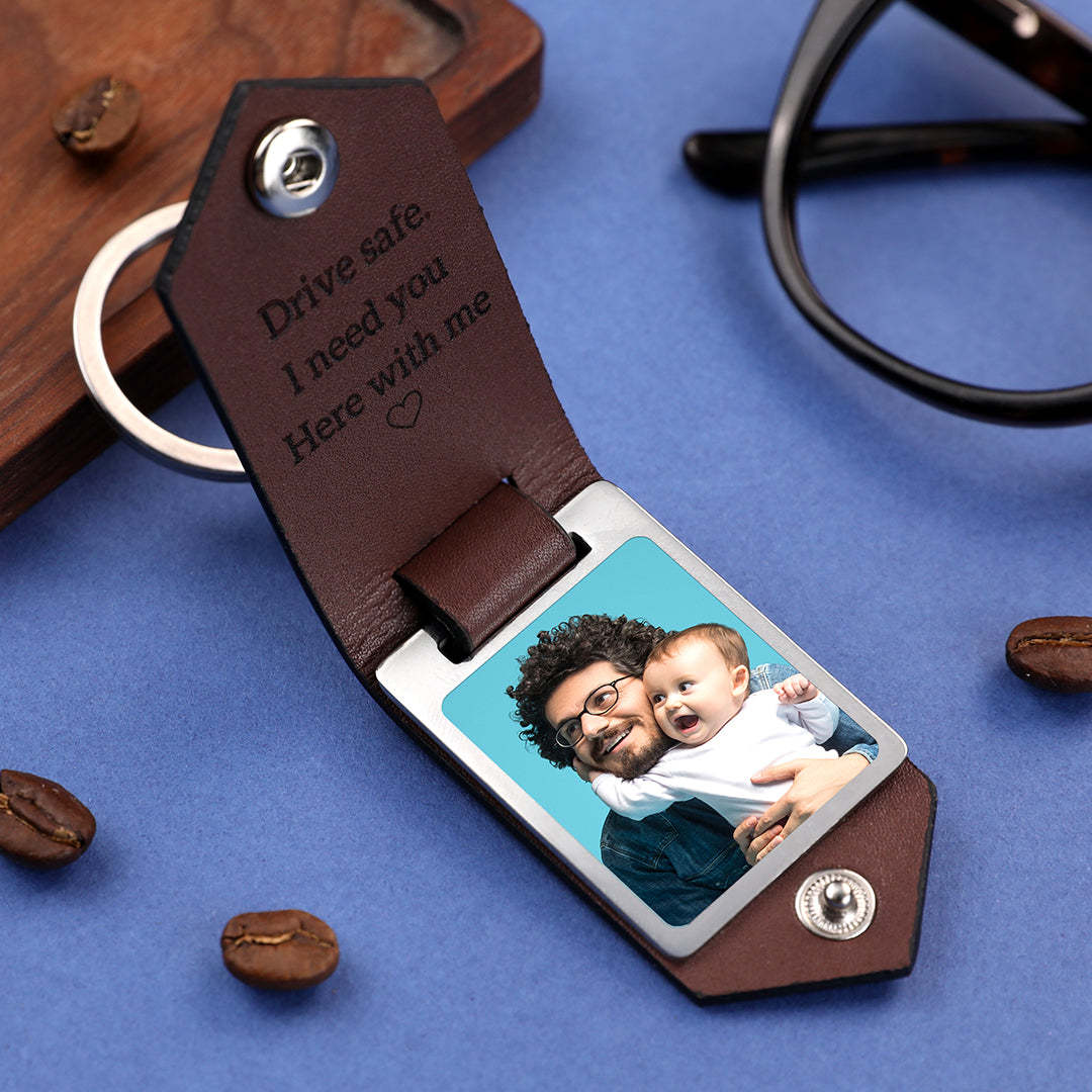 Custom Photo and Text Leather Photo Keychain Father's Day Gift - MyFaceBoxer