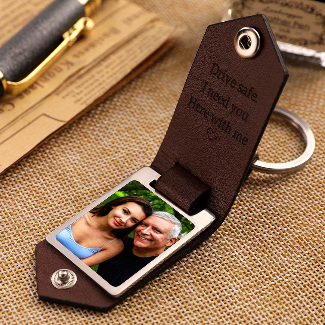 Custom Photo and Text Leather Photo Keychain Father's Day Gift - MyFaceBoxer