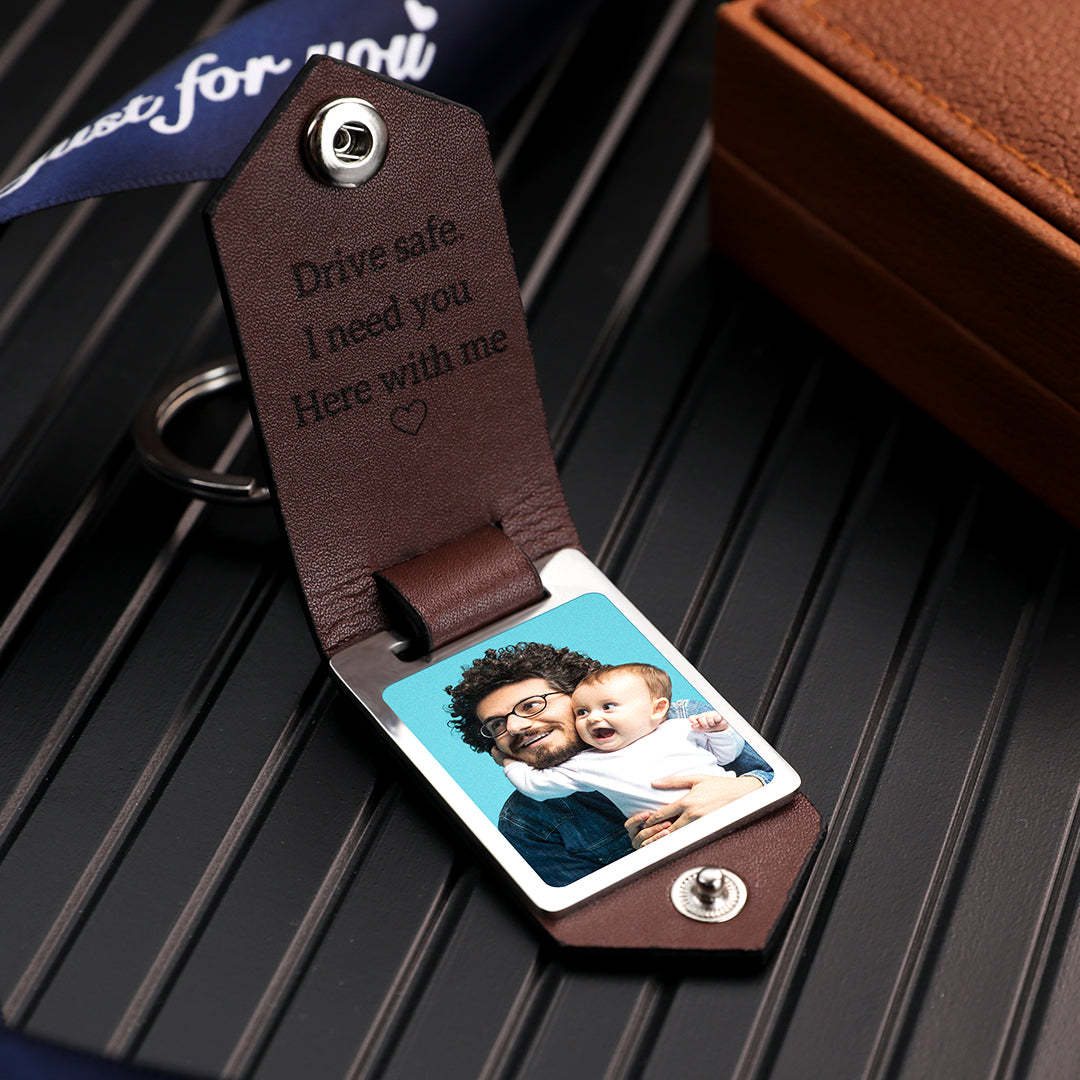 Custom Photo and Text Leather Photo Keychain Father's Day Gift - MyFaceBoxer