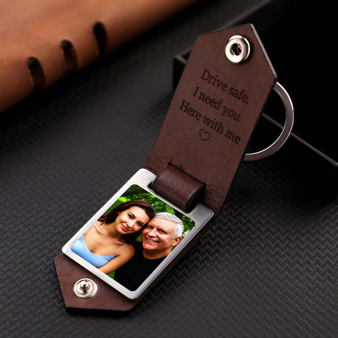 Custom Photo and Text Leather Photo Keychain Father's Day Gift - MyFaceBoxer