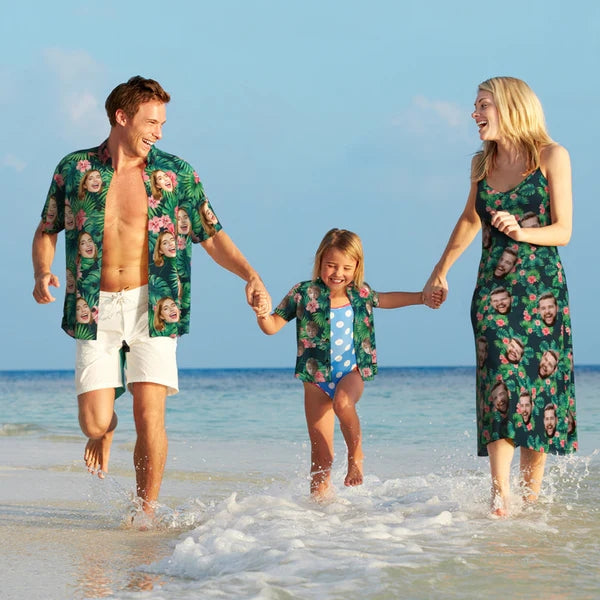 Custom Face Hawaiian Style Red Flowers Long Dres And Shirt Family Matching