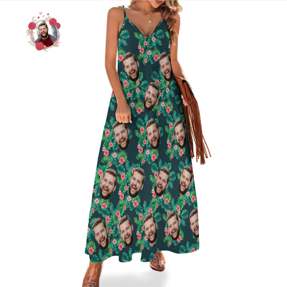 Custom Face Hawaiian Style Red Flowers Long Dres And Shirt Family Matching