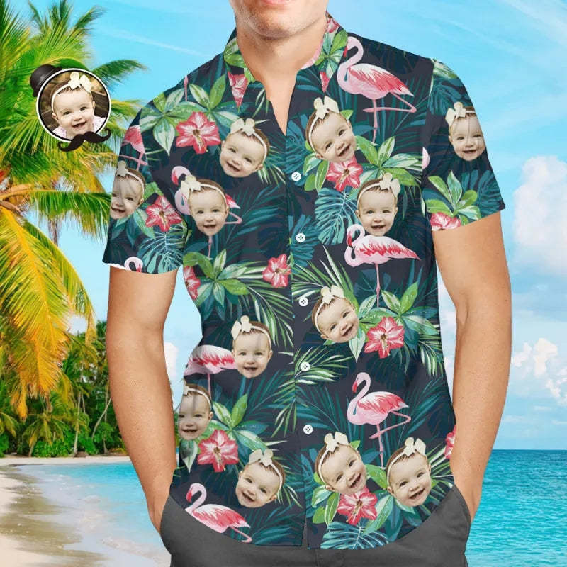 Custom Men's Hawaiian Shirt Baby Face Shirt Flamingo Flower for Dad - MyFaceBoxer