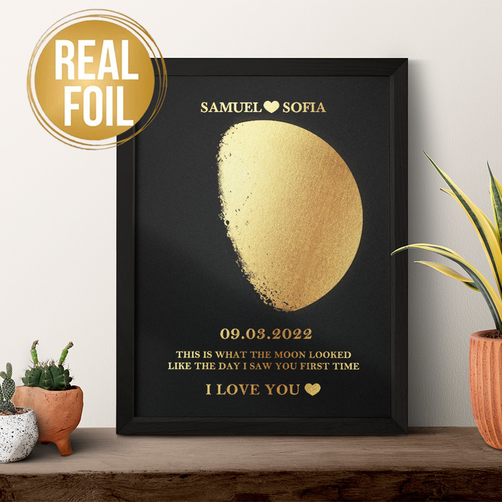 Custom Moon Phase Foil Print Wooden Frame Personalized Name and Text Family Gift