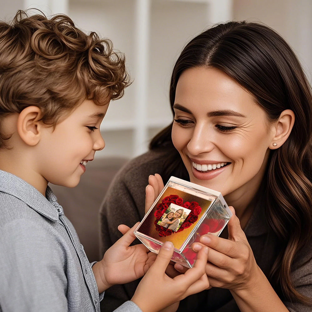 Custom Mini Vinyl Record Player Custom Red Heart Flower Style Photo Engraved Mother's Day Gift for Mum - MyFaceBoxer
