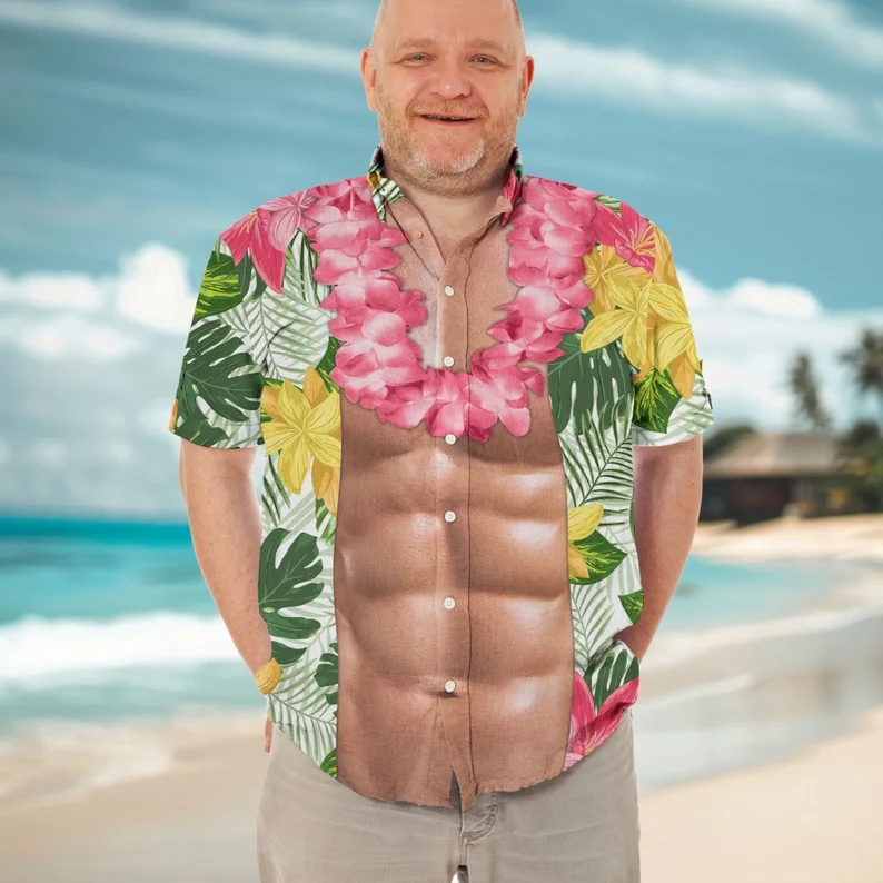 Funny Abs Aloha Tropical Flowers Hawaiian Shirt, Summer Men Beach Shirt, Six-pack Abs Hawaiian Shirt, Gift For Men, Dad, Funny Beach Shirt - MyFaceBoxer