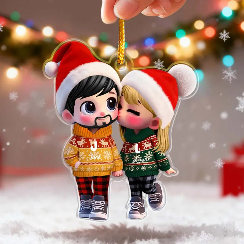 Custom Acrylic Christmas Ornament Cute Couple Kissing Moment Personalized Name Gift for Him & Her