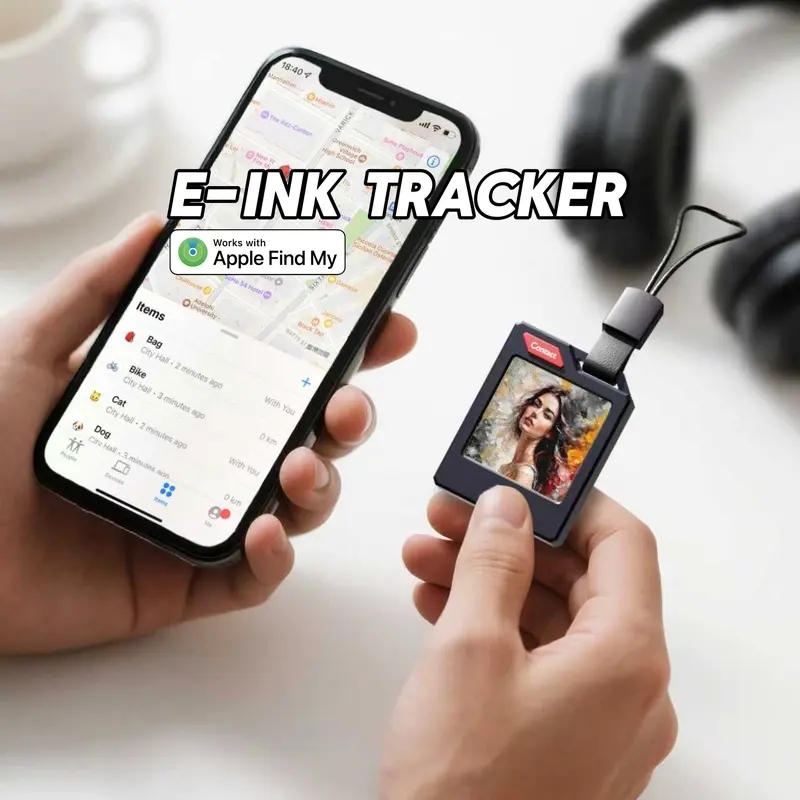 Customizable e-ink tracker(with Keychain) for keys, wallets, luggage Compatible with Apple Find My (iOS only). Displays Photos Up to 10 months of battery life and IP65 waterproof Replaceable Battery.