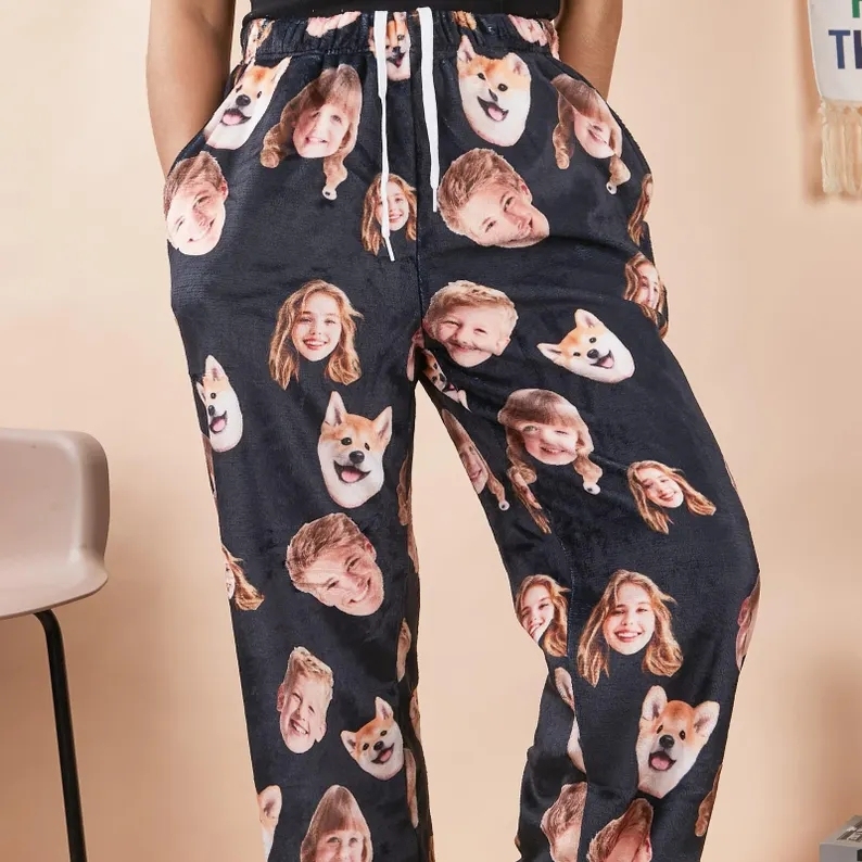 Personalized Photo Pajama Pants Coral Fleece Customized Face Pajama Pants For Couples