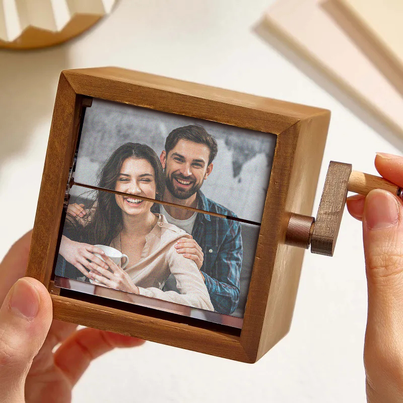 Custom Flip Book Frame Animation Machine Mechanical Personalized Hand-cranked Couple Photo Album with Light Black Walnut Photo Cube Frame Valentine's Day Gift - MyFaceBoxer
