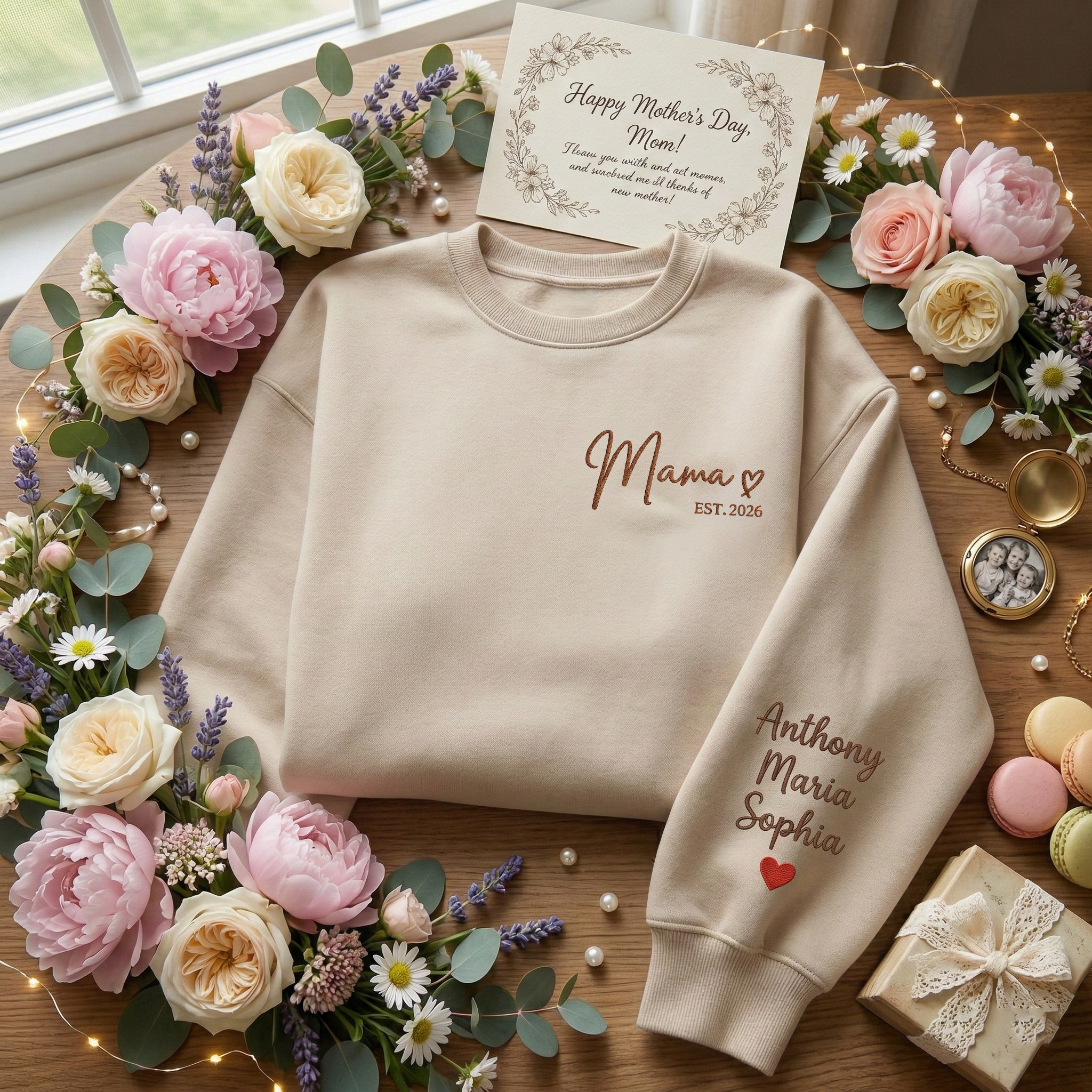 Embroidered Mother's Day Est With Kid's Names On Sleeve Quarter-Zip Sweatshirt, Hoodie Sweatshirt T-Shirt