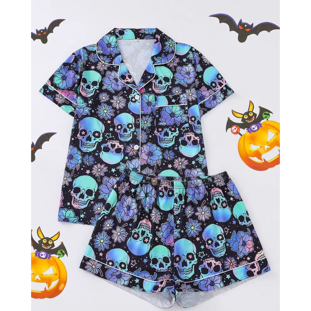 Women’s Halloween Print Pajama Set – Short Sleeve Button-Down Top and Shorts Lounge Wear