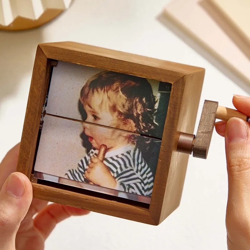 Custom Flip Book Frame Animation Machine Mechanical Personalized Hand-cranked Photo Album with Light Black Walnut Baby Photo Cube Frame Creative Gift - MyFaceBoxer