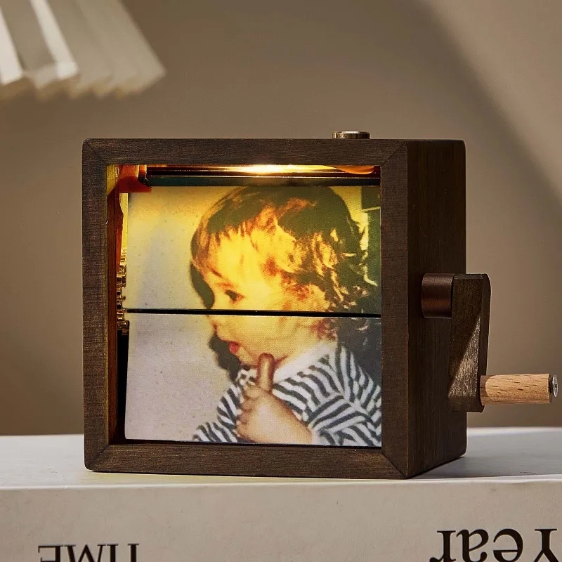 Custom Flip Book Frame Animation Machine Mechanical Personalized Hand-cranked Photo Album with Light Black Walnut Baby Photo Cube Frame Creative Gift - MyFaceBoxer