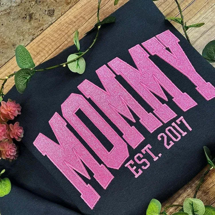 Custom Embroidered Glitter Vinyl MAMA Sweatshirt Hoodie Gift For Mom & Grandma - MyFaceBoxer
