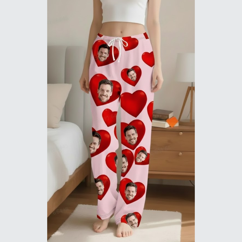 Custom Pajamas Pants Dark Tone with Embedded Photo Hearts Adjustable Waistband Multiple Color Options Valentine's Day Gift