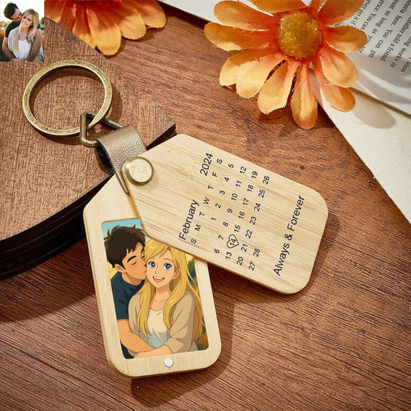 Personalized Wooden Cartoon Style Photo Keychain Customized Date Gift for Couple