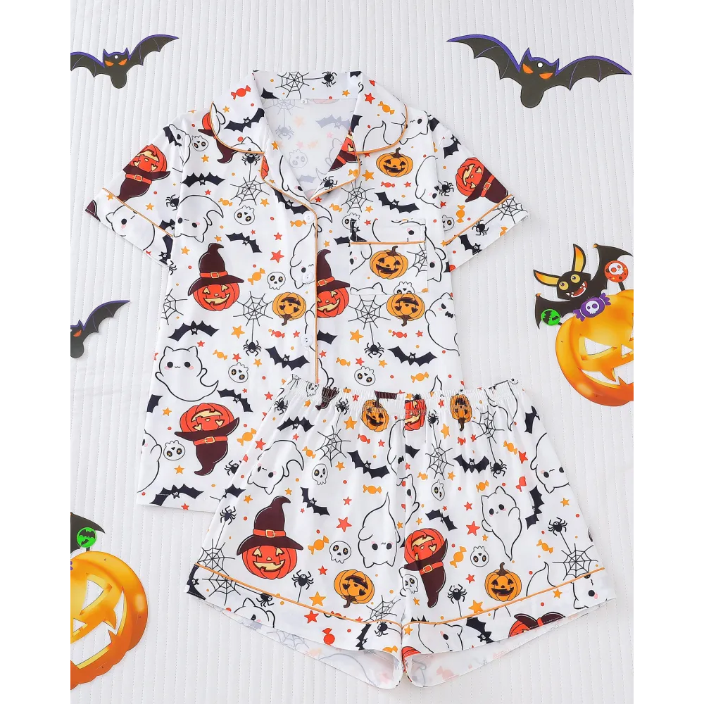 Women’s Halloween Print Pajama Set – Short Sleeve Button-Down Top and Shorts Lounge Wear