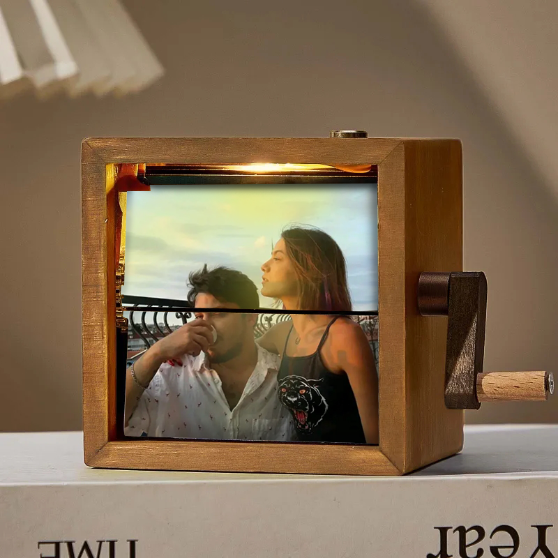 Custom Flip Book Frame Animation Machine Mechanical Personalized Hand-cranked Photo Album with Light Black Walnut Photo Cube Frame Valentine's Day Gift - MyFaceBoxer