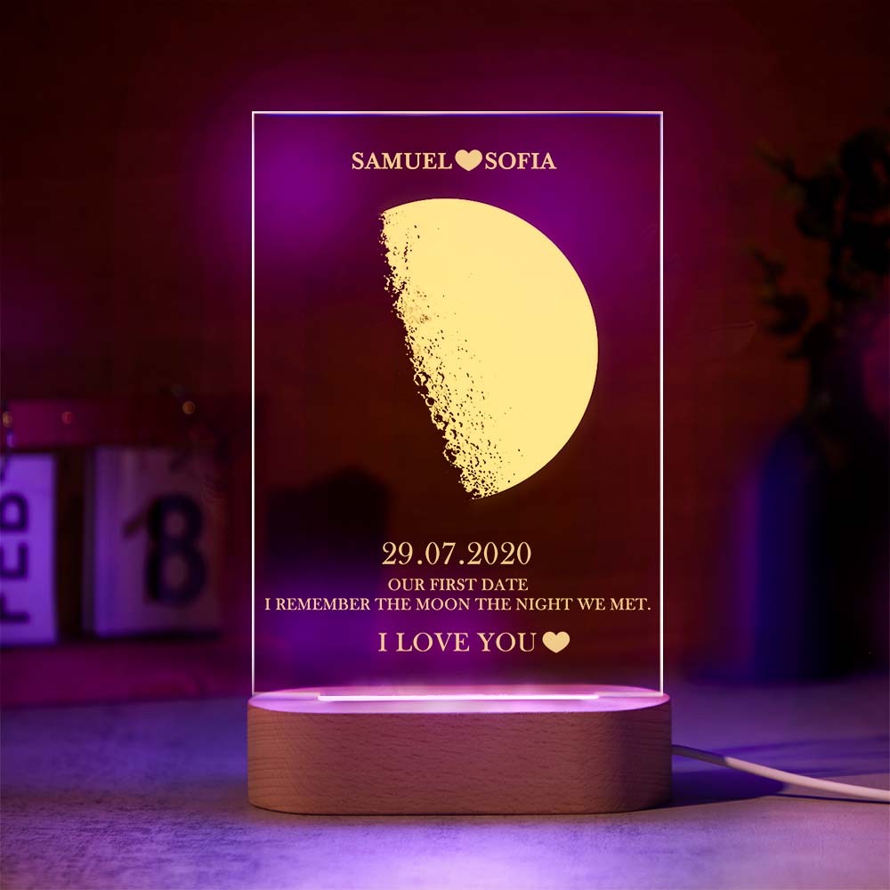 Custom Moon Phase Night Light Lamp with Personalized Names Text 7 Color Light - MyFaceBoxer