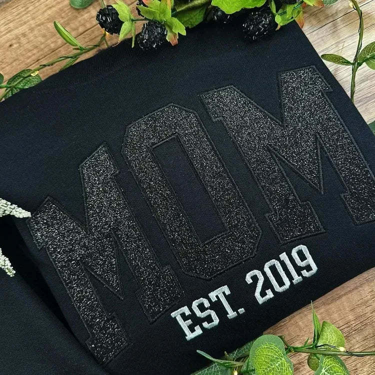 Custom Embroidered Glitter Vinyl MAMA Sweatshirt Hoodie Gift For Mom & Grandma - MyFaceBoxer
