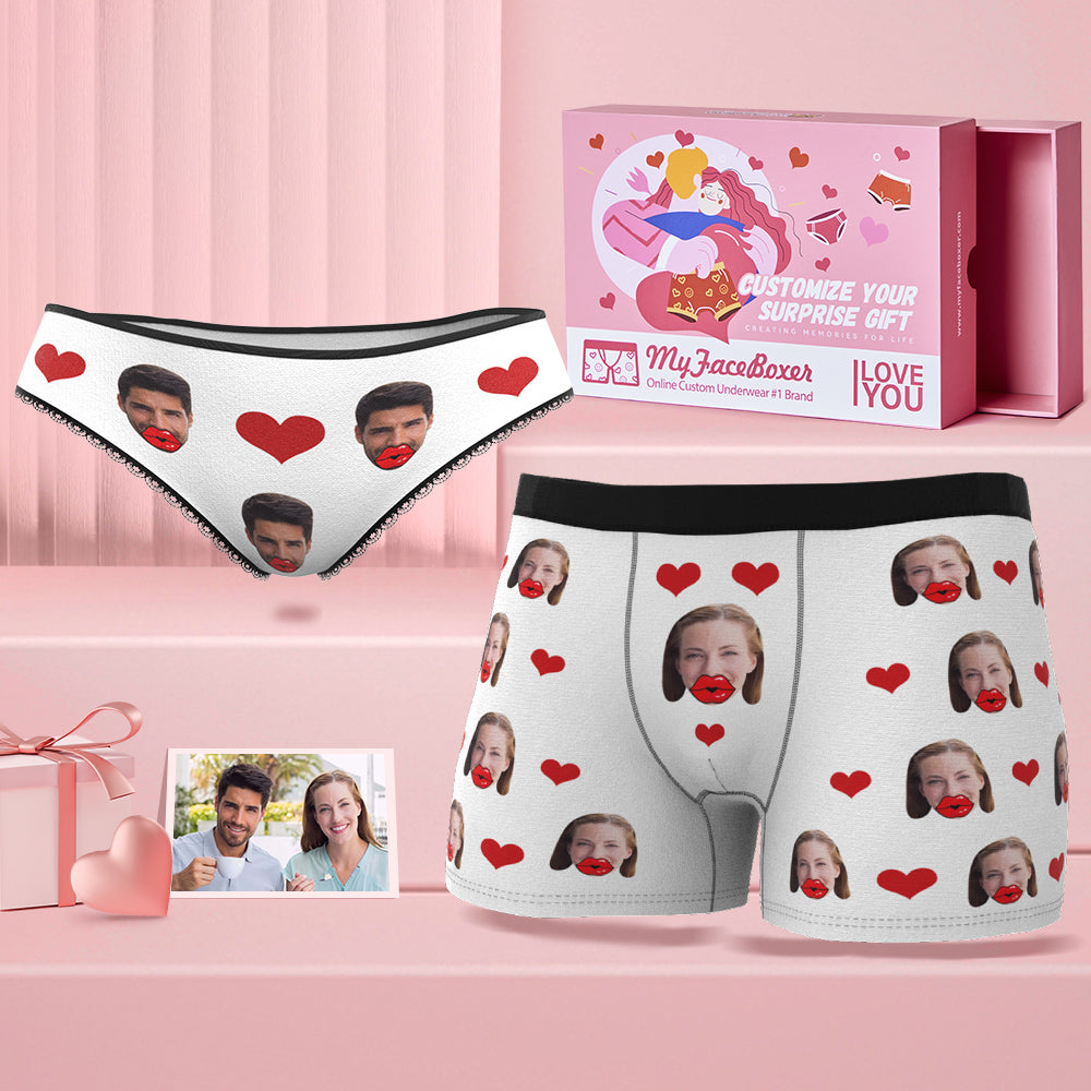 Custom Face Red Lips and Heart Couple Matching Underwear Personalized Valentine's Day Gift - MyFaceBoxer