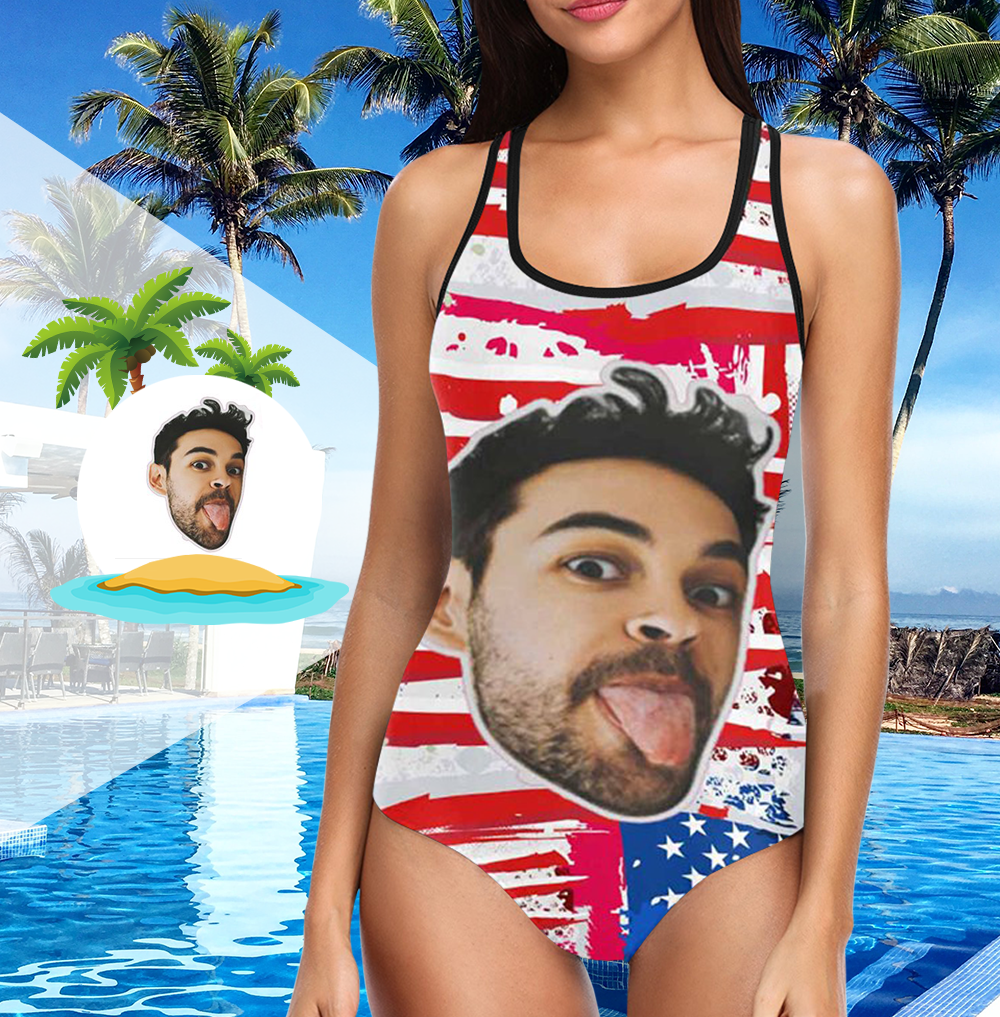 Custom Face Swimwear Women's Photo Slip One Piece Swimsuit - USA Flag - MyFaceBoxer