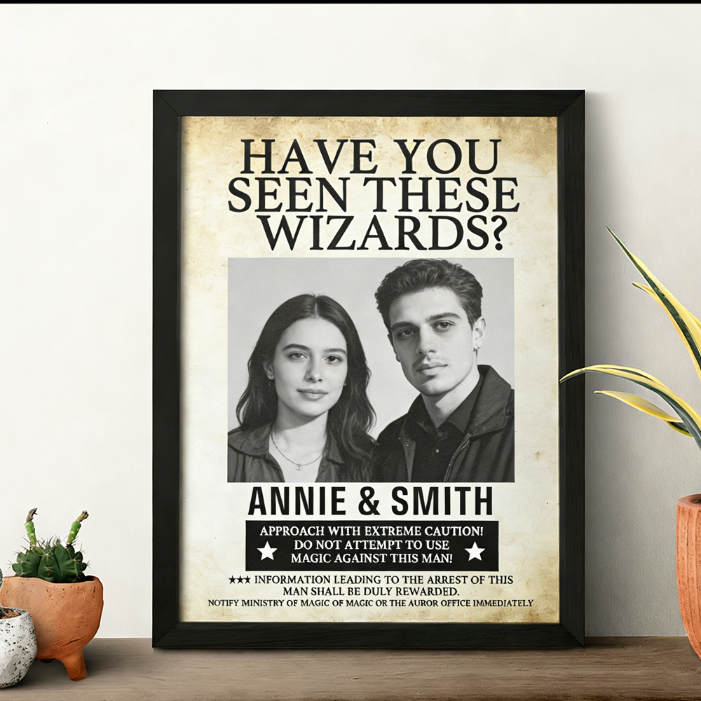 Custom "Have You Seen This Wizard?" Wanted Poster Frame Personalized Couple Photo and Name & House Styles