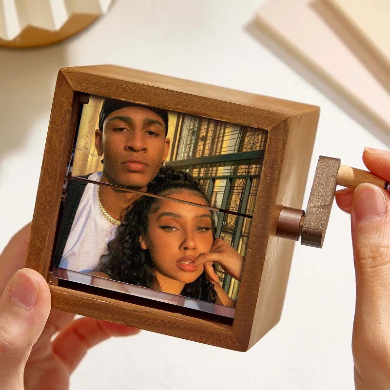 Custom Flip Book Frame Animation Machine Mechanical Hand-cranked Photo Album with Light Black Walnut Photo Cube Frame Valentine's Day Gift - MyFaceBoxer