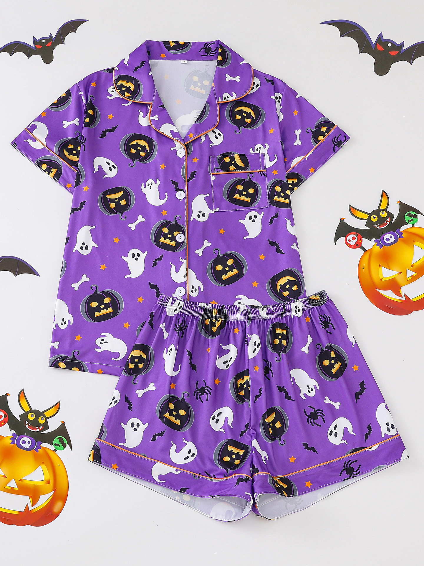 Women’s Halloween Print Pajama Set – Short Sleeve Button-Down Top and Shorts Lounge Wear