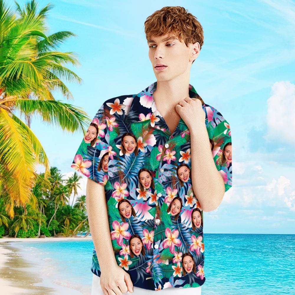 Custom Hawaiian Shirts Men's Hawaiian Shirt Personalized Photo Colorful Flowers Tshirts - MyFaceBoxer