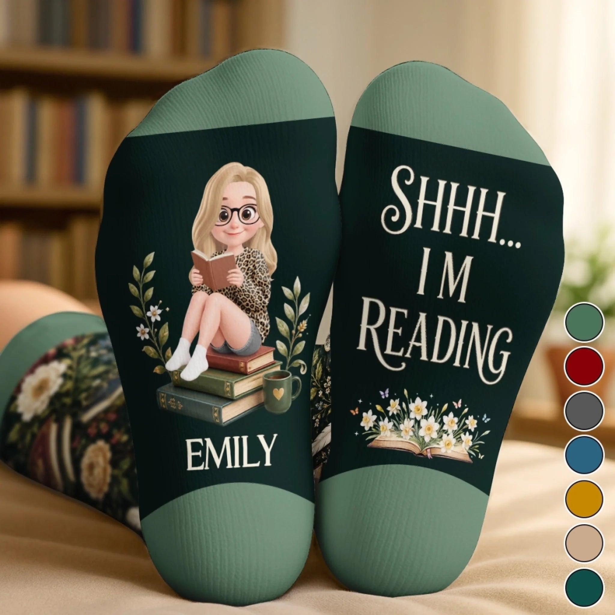 Custom Shh I'm Reading Crew Socks - Personalized Bookish Gifts For Book Lovers, Bookworms, Readers - Living In A Fictional World - MyFaceBoxer