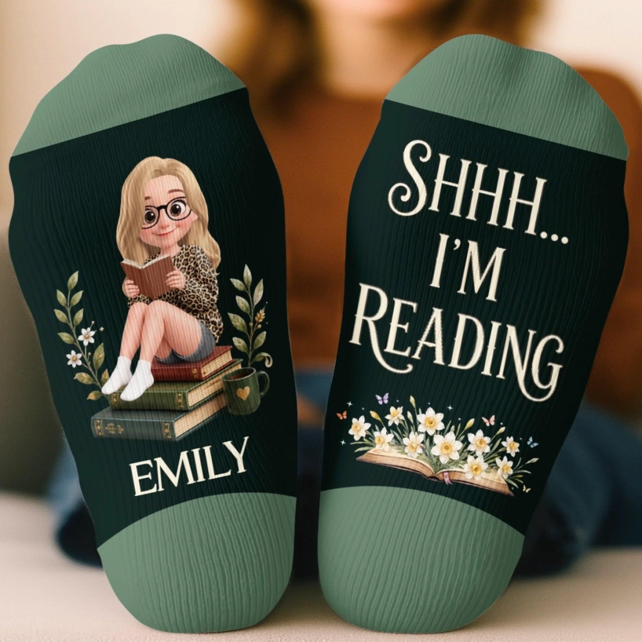 Custom Shh I'm Reading Crew Socks - Personalized Bookish Gifts For Book Lovers, Bookworms, Readers - Living In A Fictional World - MyFaceBoxer
