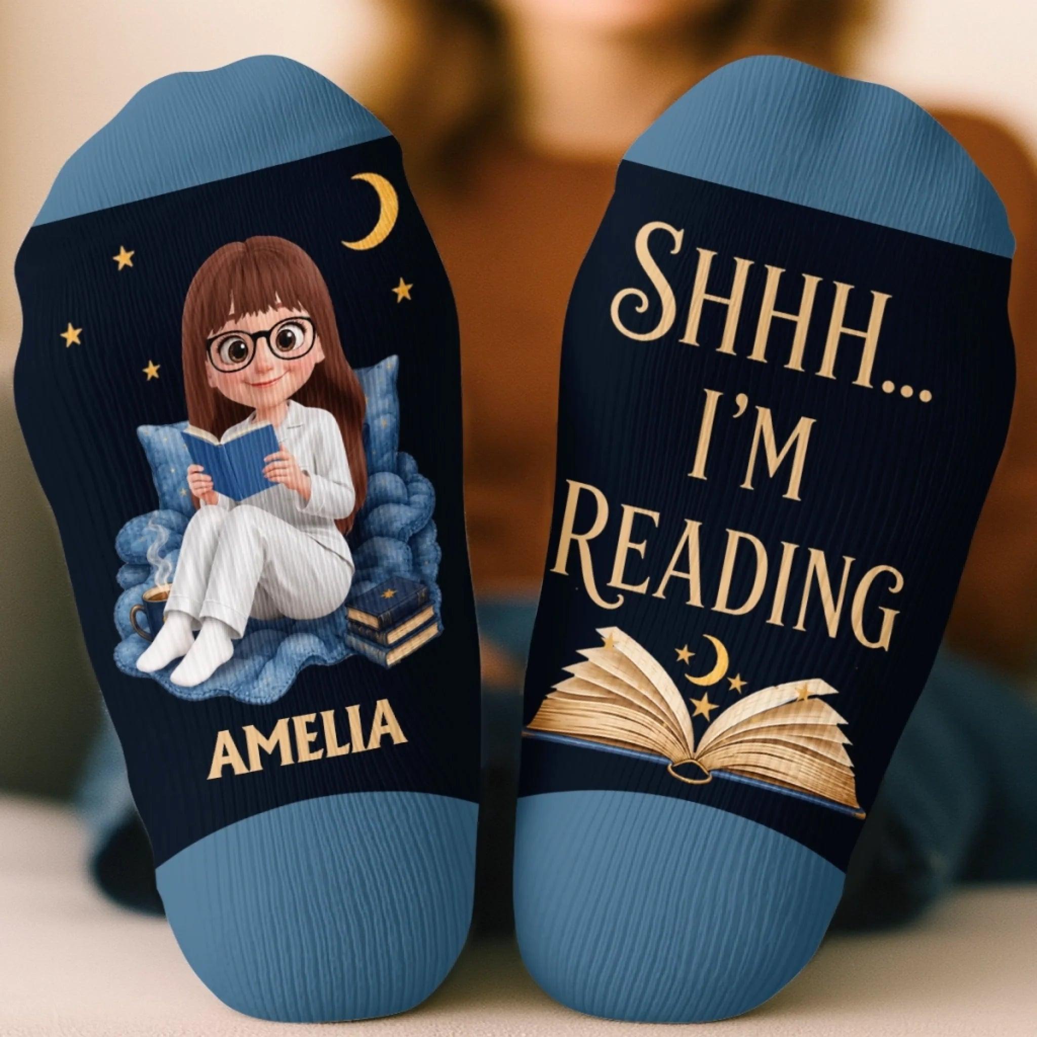 Custom Shh I'm Reading Crew Socks - Personalized Bookish Gifts For Book Lovers, Bookworms, Readers - I'm Booked - MyFaceBoxer
