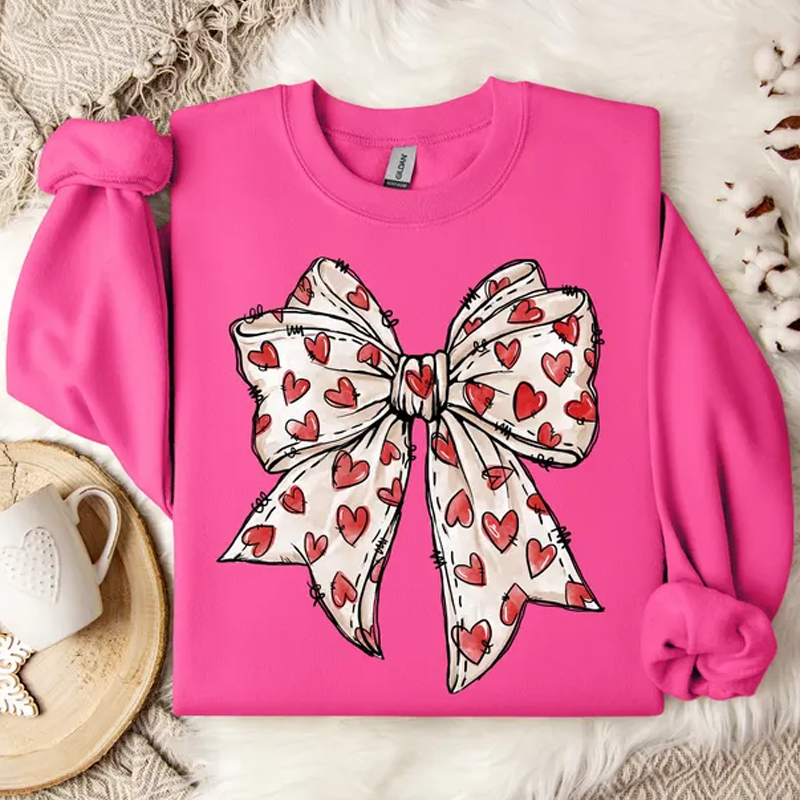 Coquette Valentine's Day Heart Bow Sweatshirt, Retro Valentine Shirt, Valentines day Bow Shirt, Coquette Bow T Shirt, Bow Valentine Gifts