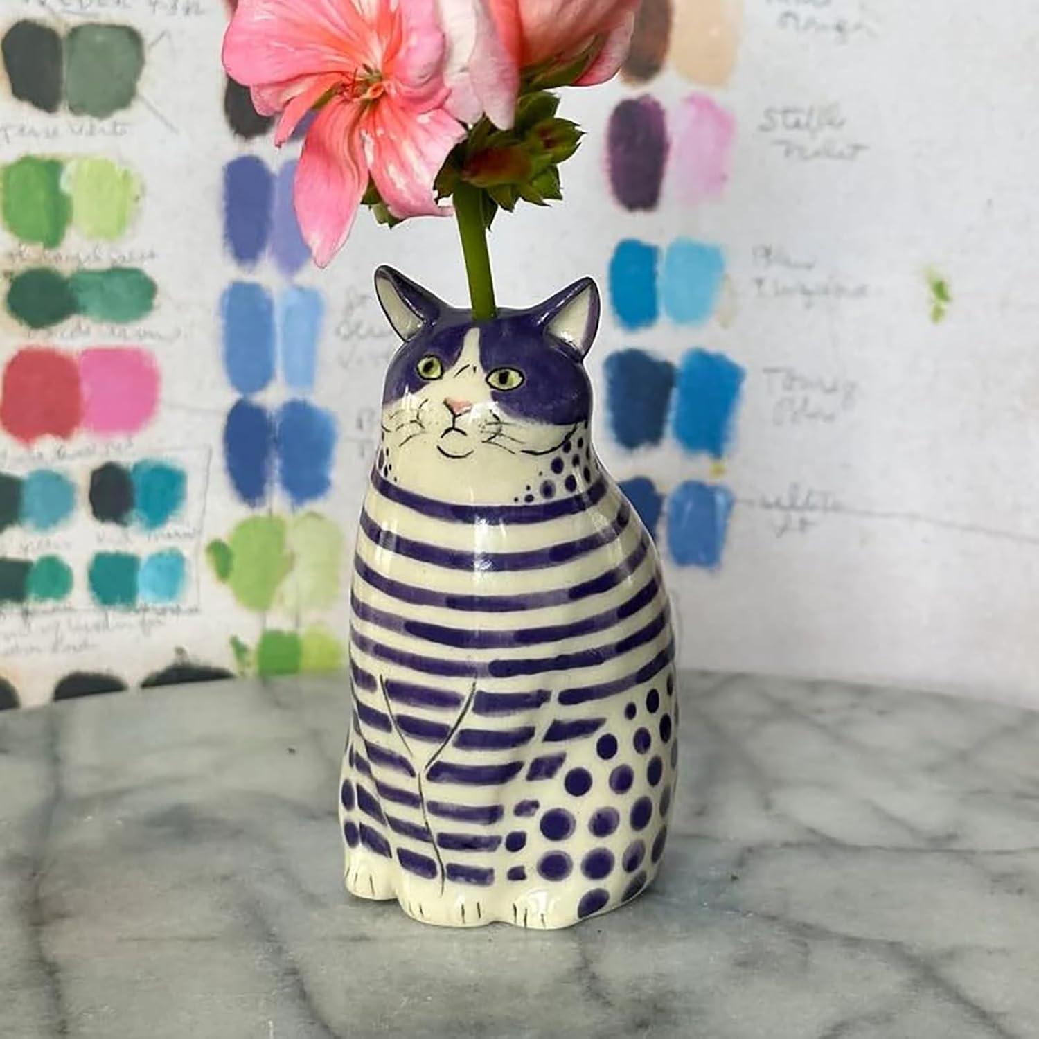 Cute Polka Dot Cat Vase - Cat Lovers Gift,Funny Cat Flower Vase Unique Handmade Tiny Animal Vases for Home Decor,Shelf Vases for Decoration, Bookshelf Decor Vase (Orange 1 PCS)