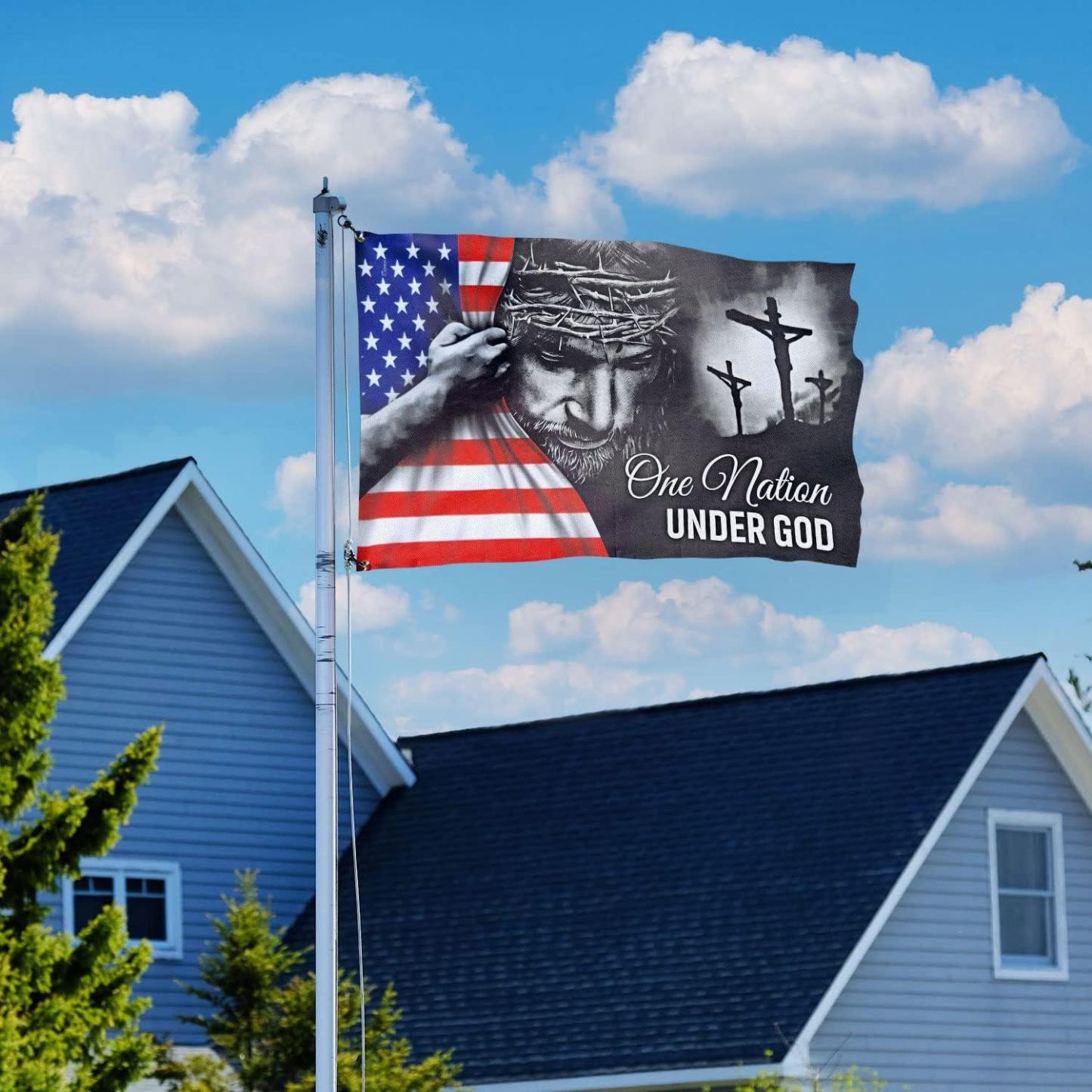 Patriot American Flags, One Nation Under God American Jesus Flag, Decorations For Home, Outside, Independence Day House Flag, Patriot Decorations - Outdoor Decor Flag with Grommets